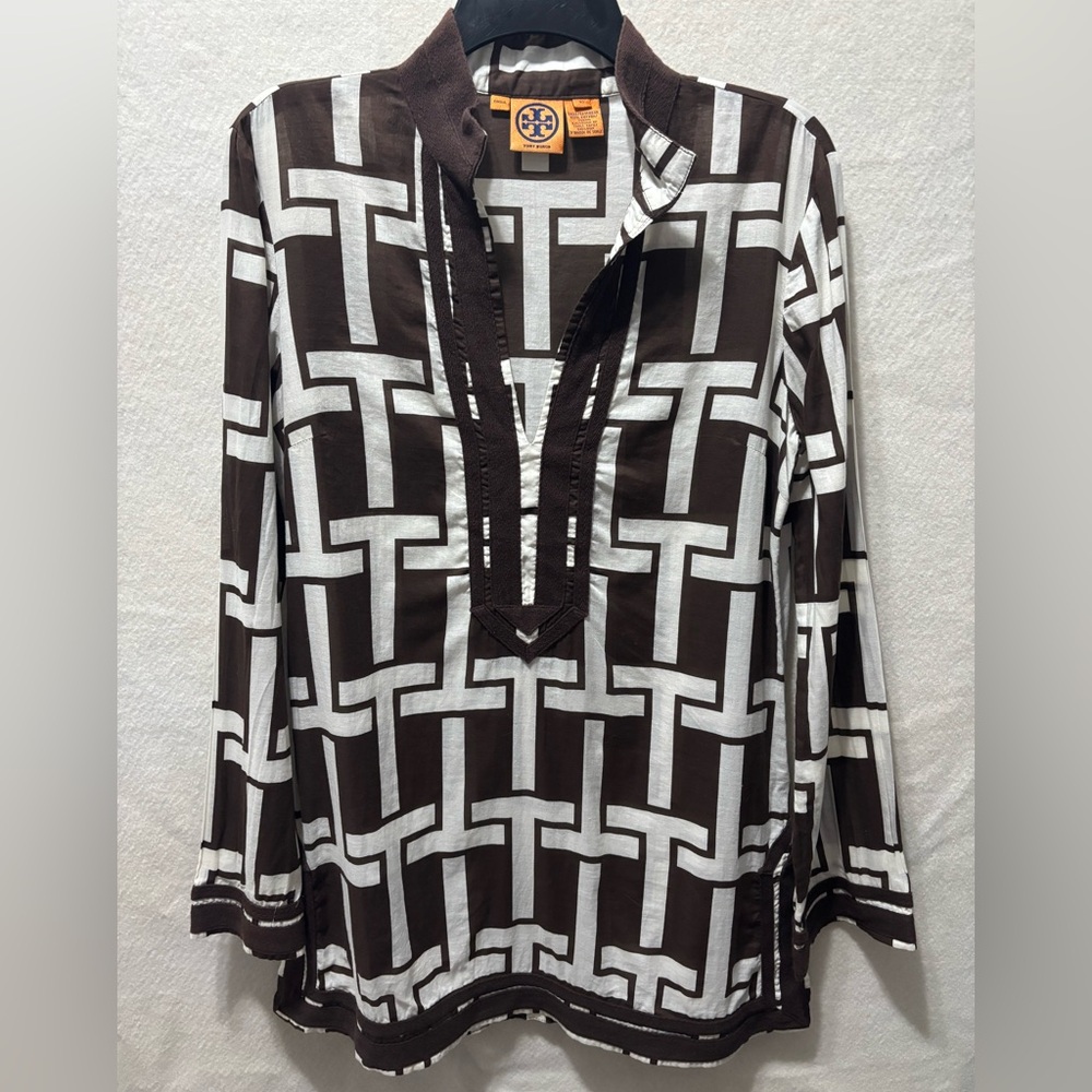 Tory Burch Brown White Cotton Logo size 10 Tunic